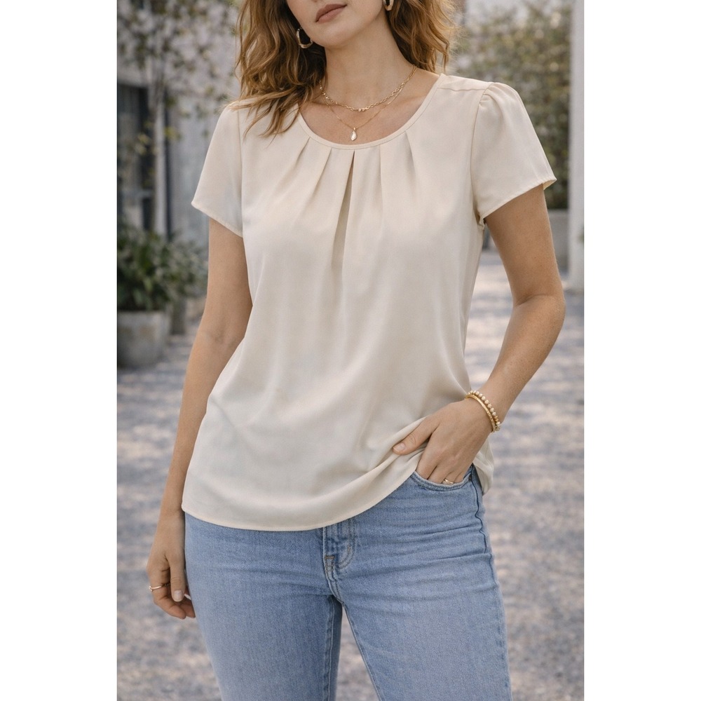 LOFT Women Cream Pleated Neck Short Sleeve Blouse Exposed Back Zipper Size S